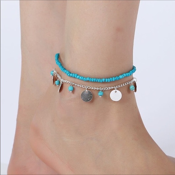 💸FINAL PRICE DROP🌺NWT 2pc Gold Disc & Turquoise Beaded Boho Anklet🌺 - Picture 5 of 12
